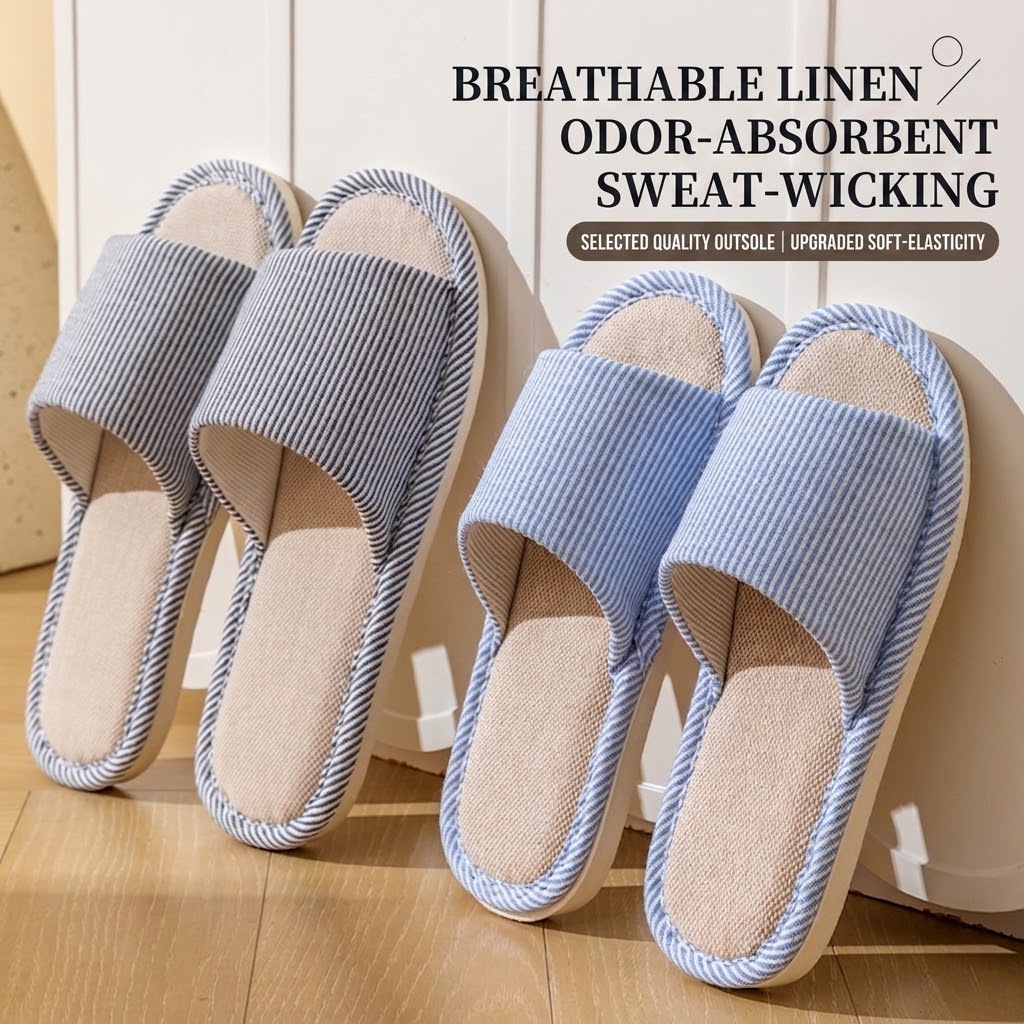 Home And Textiles - Breathable Flax Linen Slippers Women Men